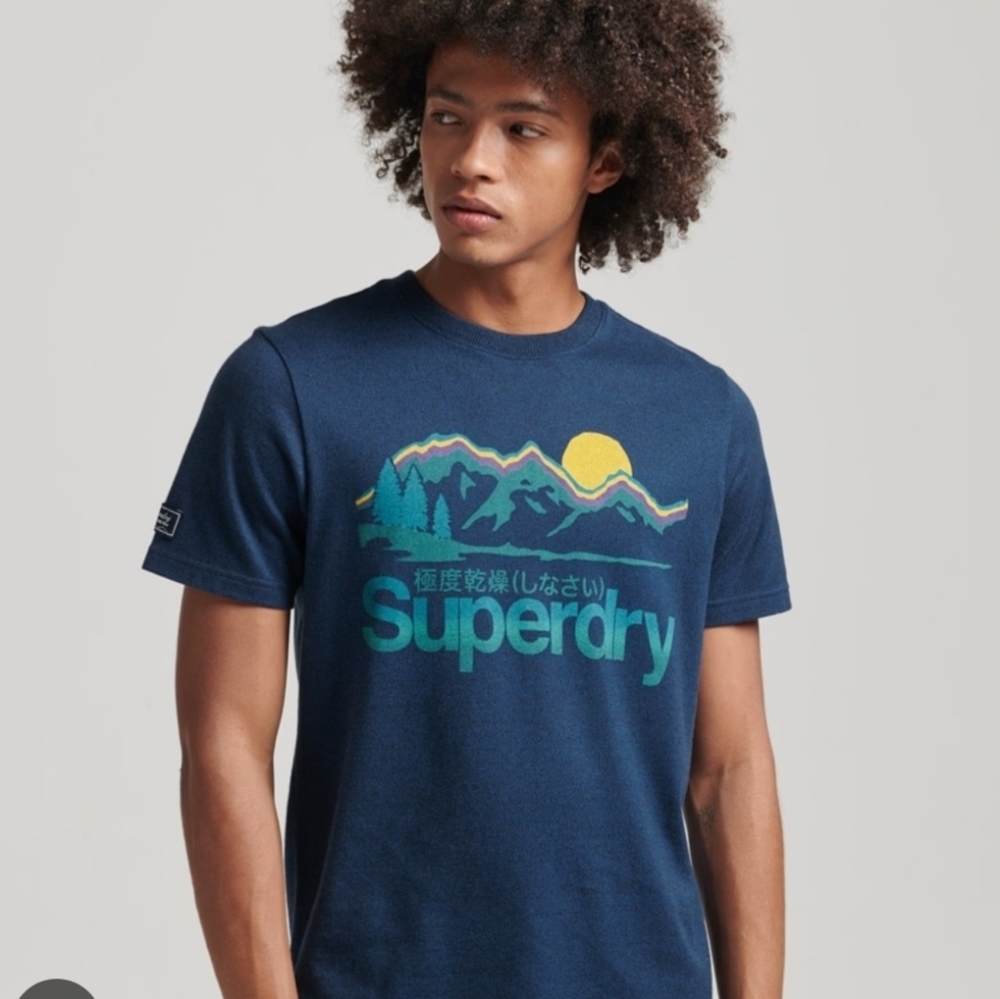 Superdry Y2K Dark Blue Ultra-soft Brushed cotton Tee w/Vibrant Mountain.